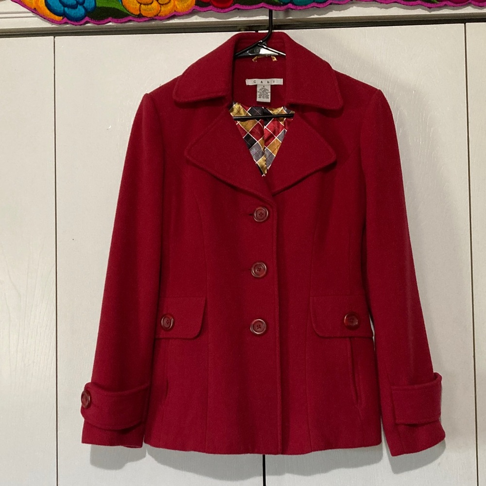 CAbi Women’s Red Wool-Blend Peacoat with Harlequin Satin Lining Preppy Classic